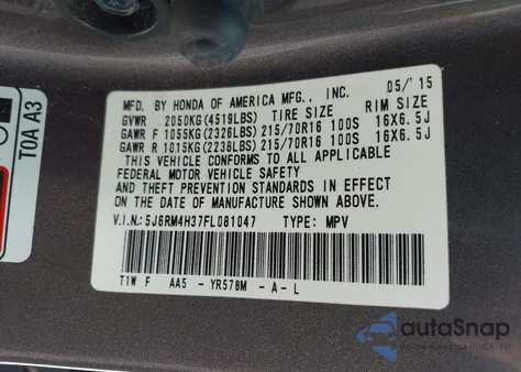 2015 Honda Cr-V Lx из США, поврежденный, VIN 5J6RM4H37FL081047